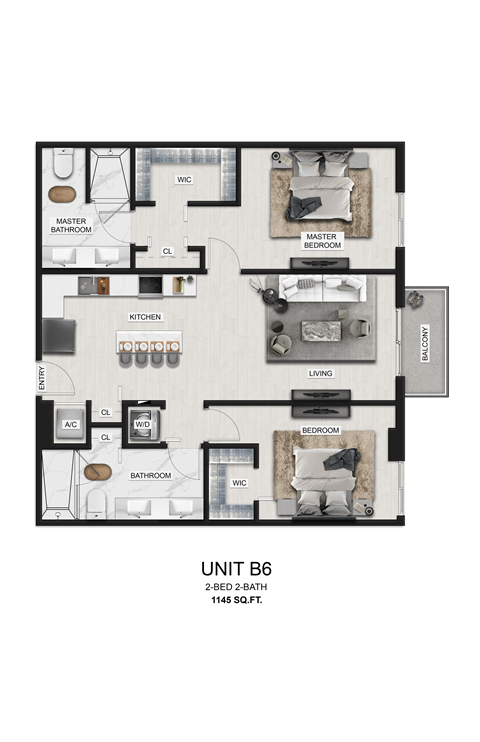 Floor plan for 2 beds, 2 baths, 1145 sqft